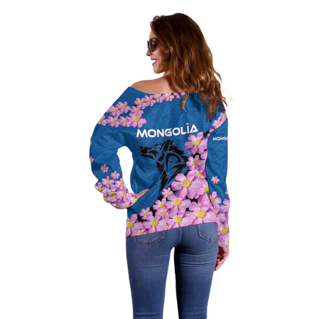 Mongolia Off Shoulder Sweater with Floral Wolf Pink Blossom Blue Sky Spirit