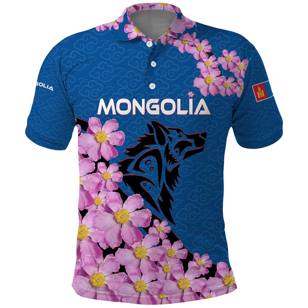 Mongolia Polo Shirt with Floral Wolf Pink Blossom Blue Sky Spirit