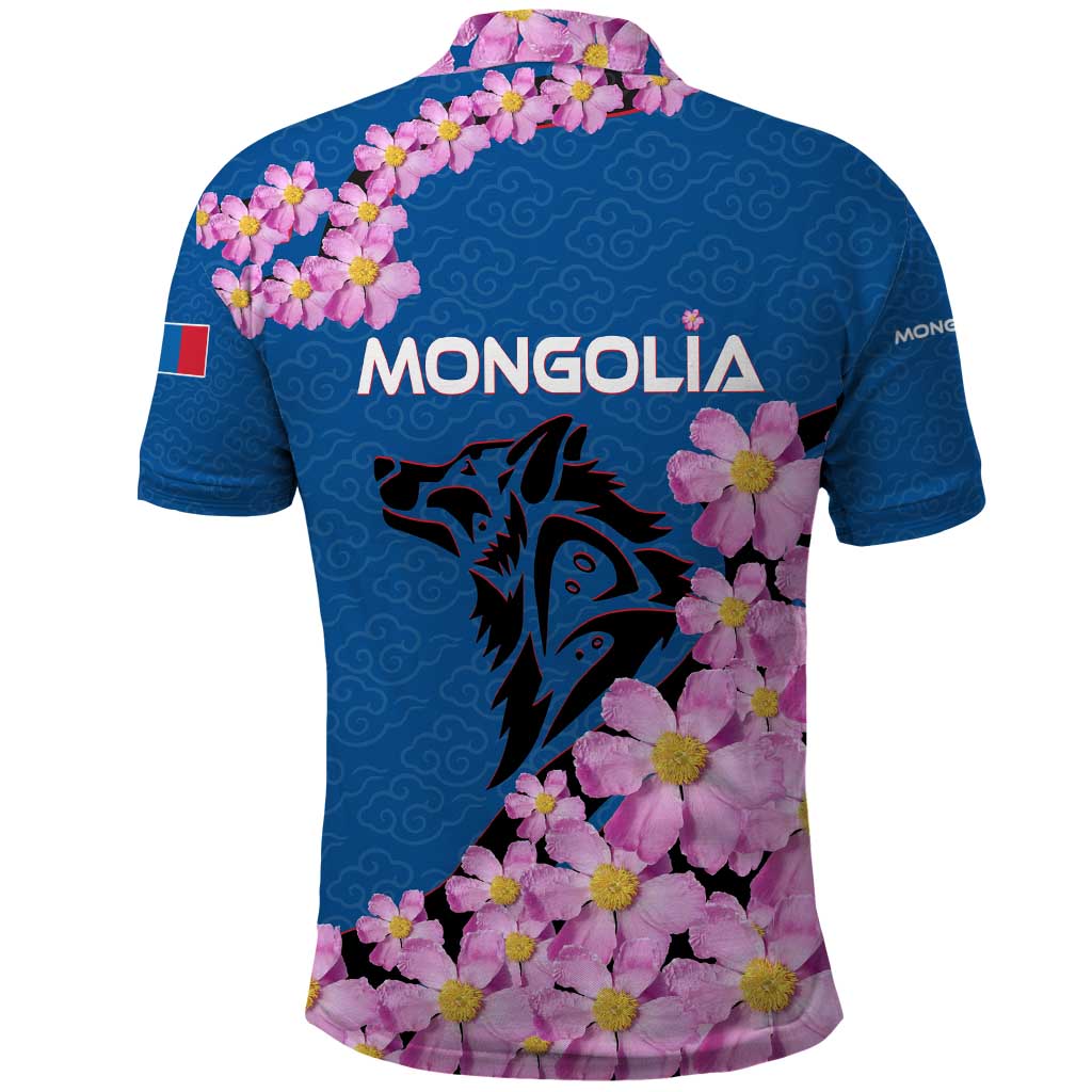 Mongolia Polo Shirt with Floral Wolf Pink Blossom Blue Sky Spirit