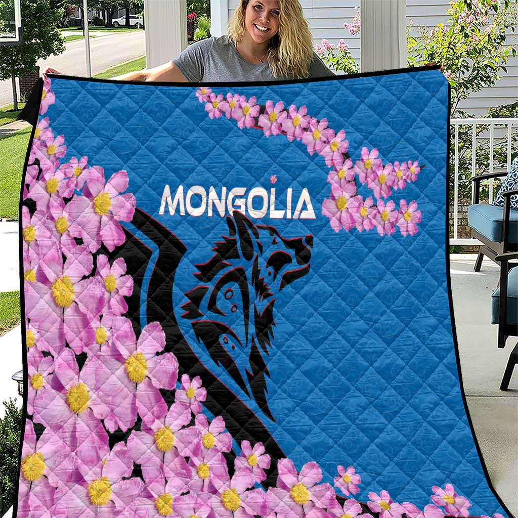 Mongolia Quilt with Floral Wolf Pink Blossom Blue Sky Spirit