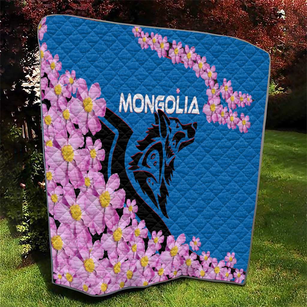 Mongolia Quilt with Floral Wolf Pink Blossom Blue Sky Spirit