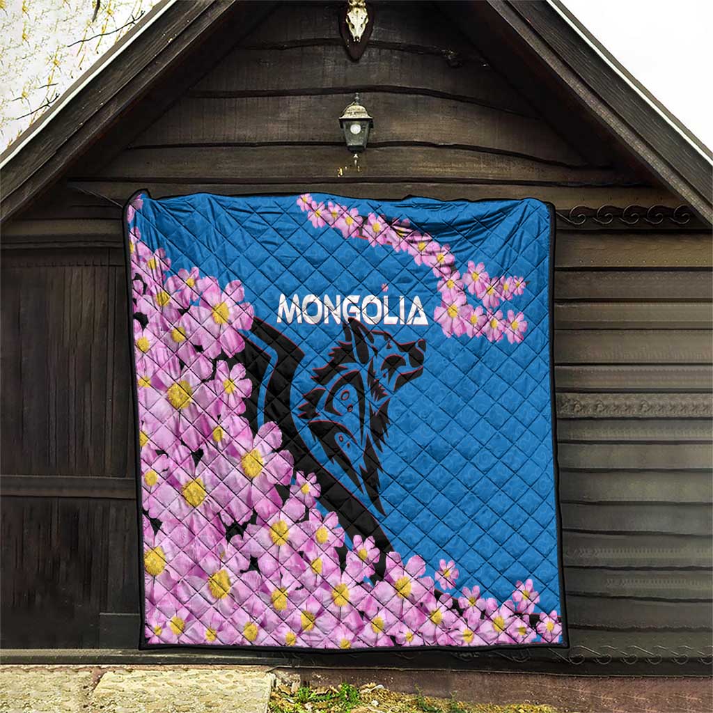 Mongolia Quilt with Floral Wolf Pink Blossom Blue Sky Spirit