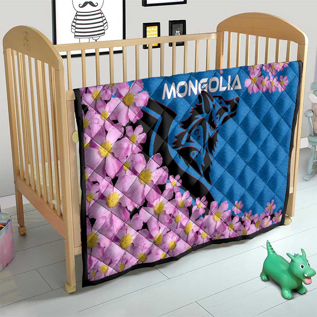 Mongolia Quilt with Floral Wolf Pink Blossom Blue Sky Spirit