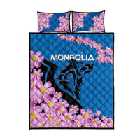 Mongolia Quilt Bed Set with Floral Wolf Pink Blossom Blue Sky Spirit