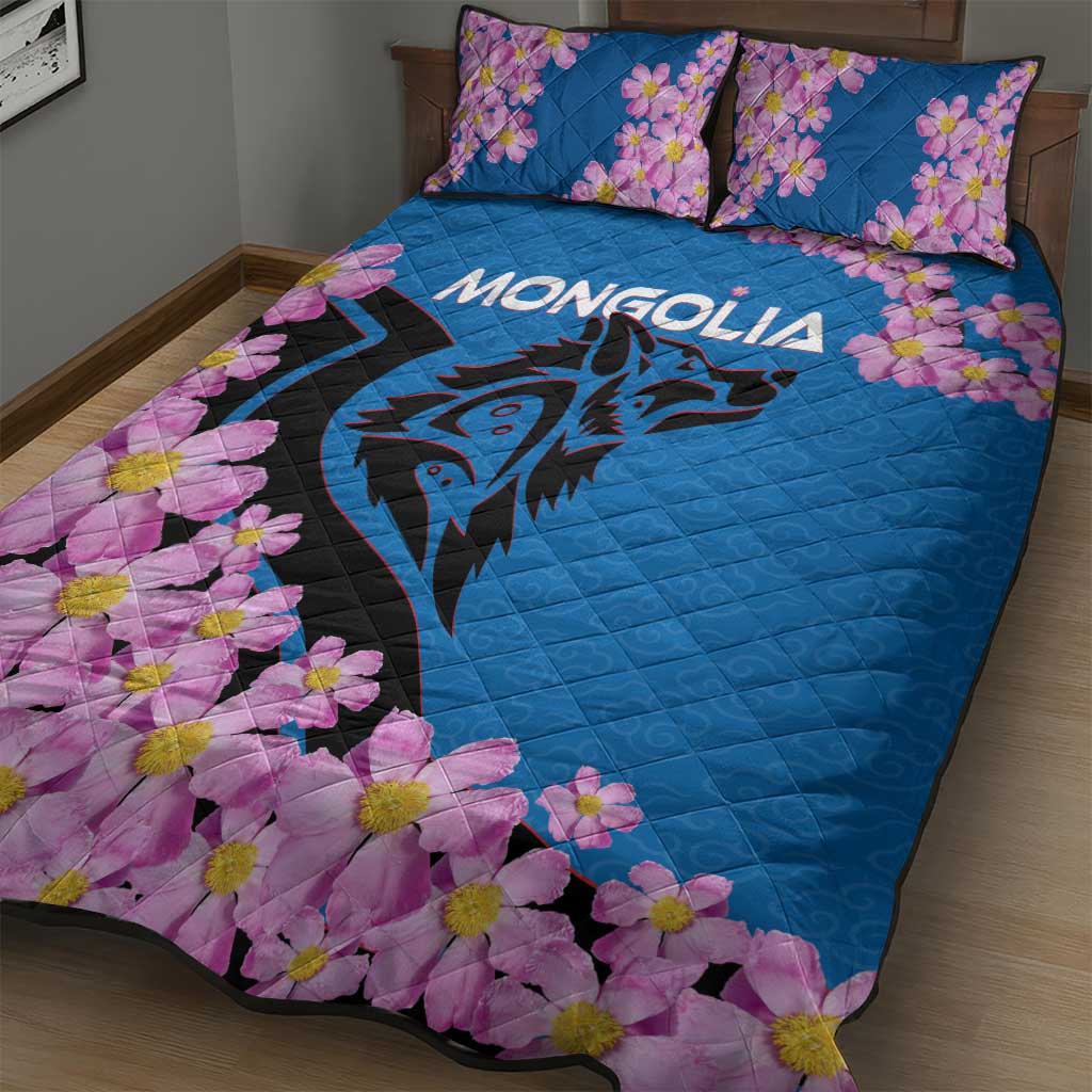 Mongolia Quilt Bed Set with Floral Wolf Pink Blossom Blue Sky Spirit