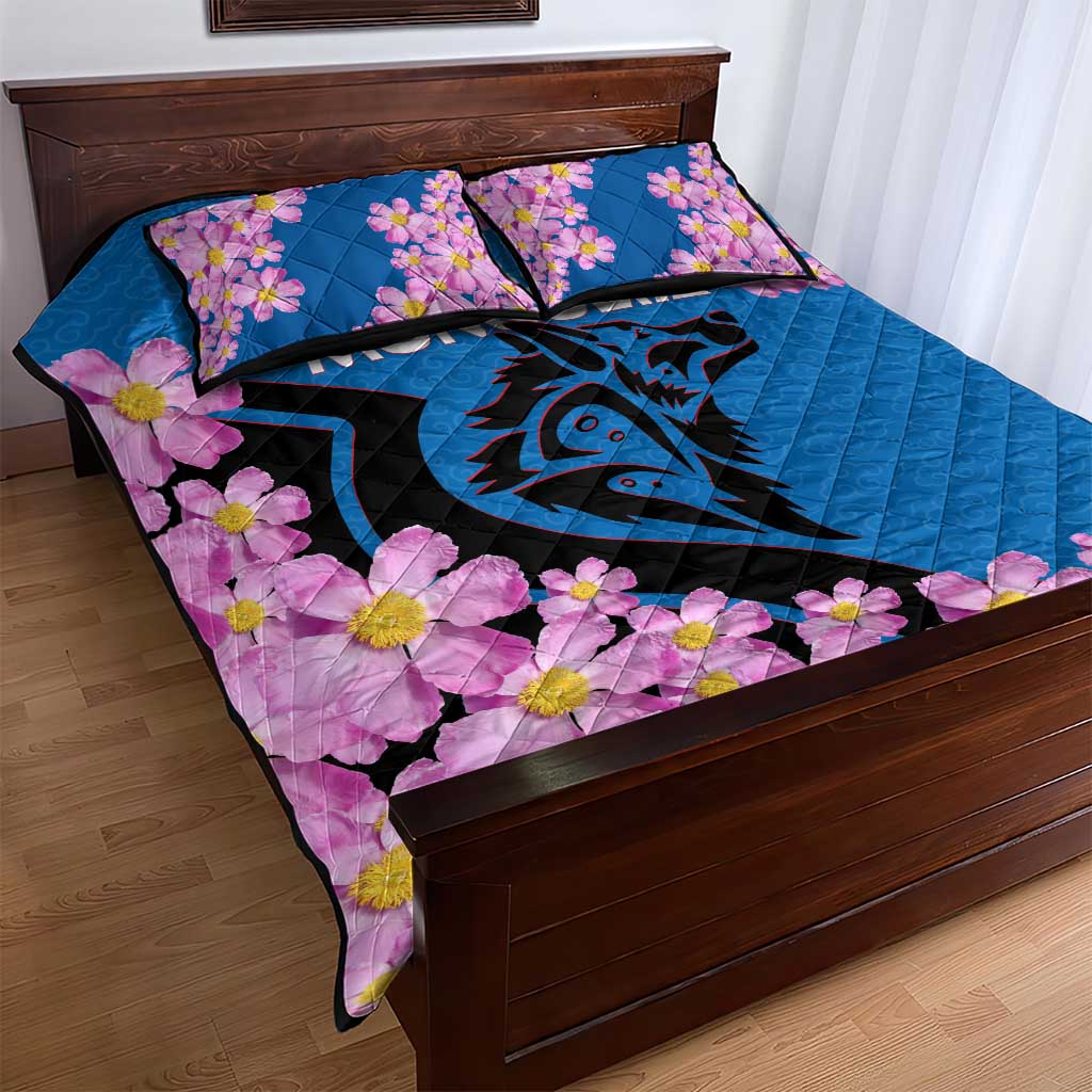 Mongolia Quilt Bed Set with Floral Wolf Pink Blossom Blue Sky Spirit