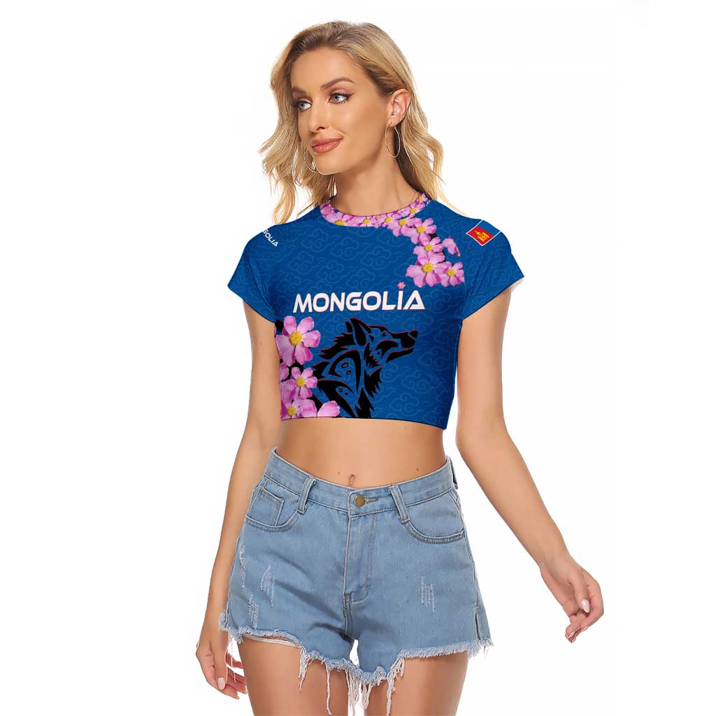 Mongolia Raglan Cropped T Shirt with Floral Wolf Pink Blossom Blue Sky Spirit