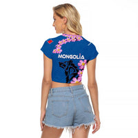 Mongolia Raglan Cropped T Shirt with Floral Wolf Pink Blossom Blue Sky Spirit