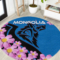 Mongolia Round Carpet with Floral Wolf Pink Blossom Blue Sky Spirit