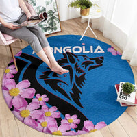 Mongolia Round Carpet with Floral Wolf Pink Blossom Blue Sky Spirit
