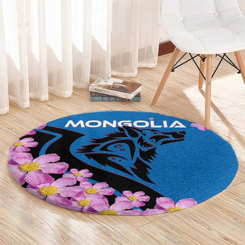 Mongolia Round Carpet with Floral Wolf Pink Blossom Blue Sky Spirit
