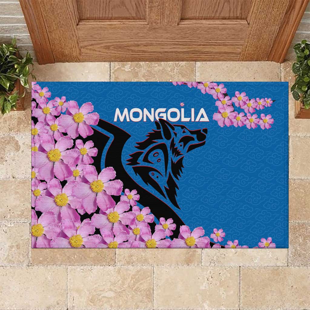 Mongolia Rubber Doormat with Floral Wolf Pink Blossom Blue Sky Spirit
