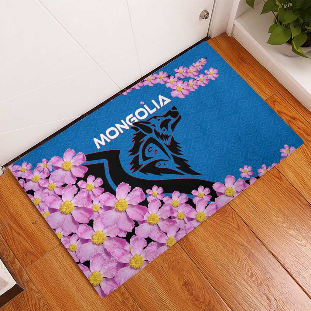 Mongolia Rubber Doormat with Floral Wolf Pink Blossom Blue Sky Spirit
