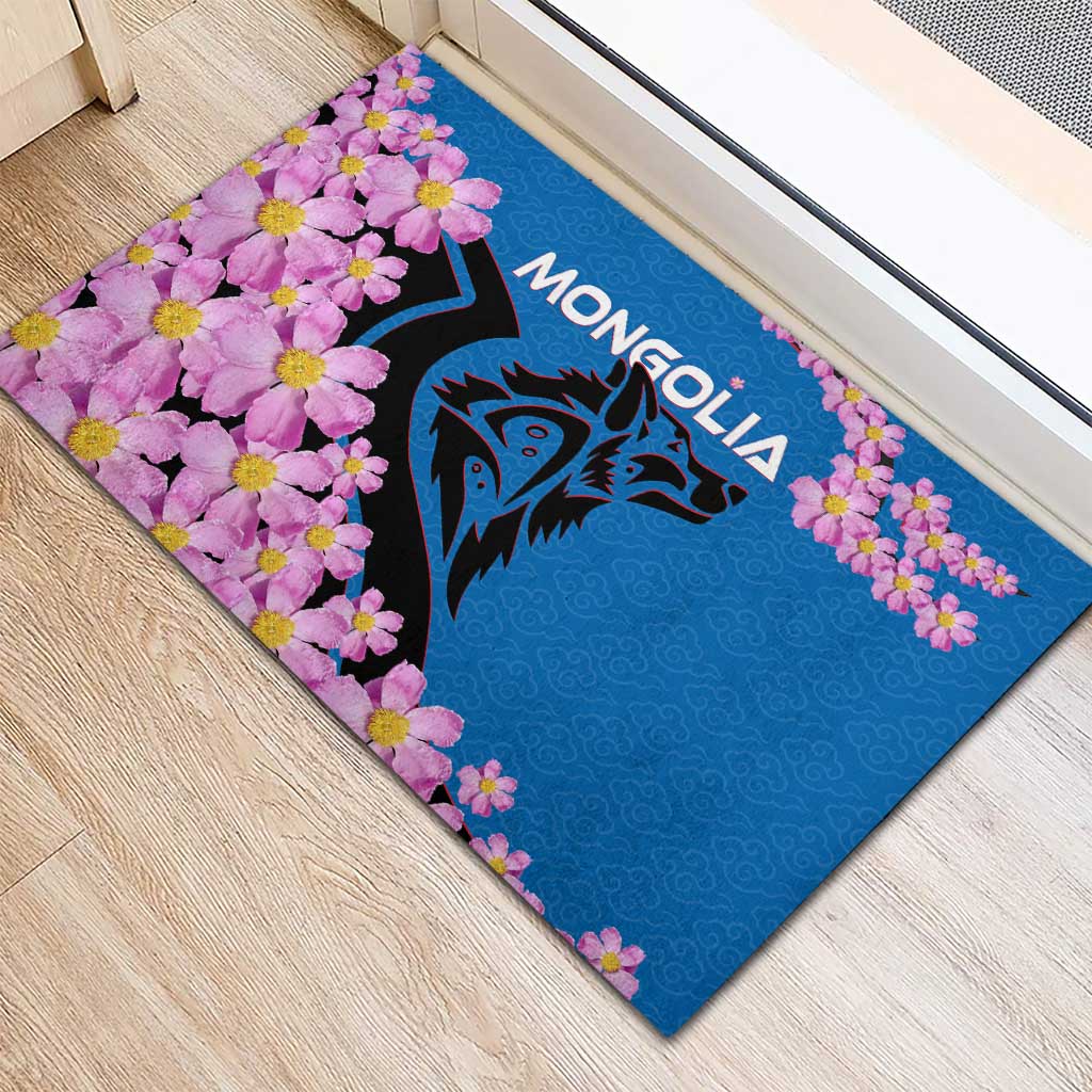 Mongolia Rubber Doormat with Floral Wolf Pink Blossom Blue Sky Spirit