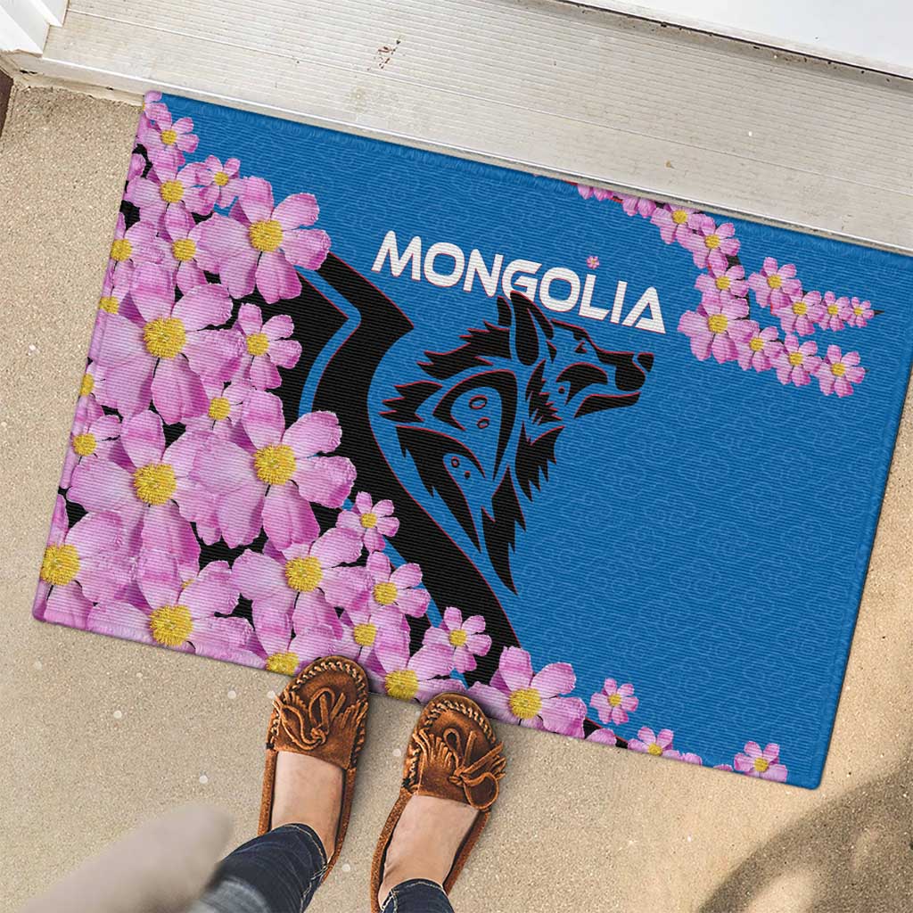 Mongolia Rubber Doormat with Floral Wolf Pink Blossom Blue Sky Spirit