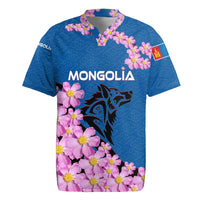 Mongolia Rugby Jersey with Floral Wolf Pink Blossom Blue Sky Spirit
