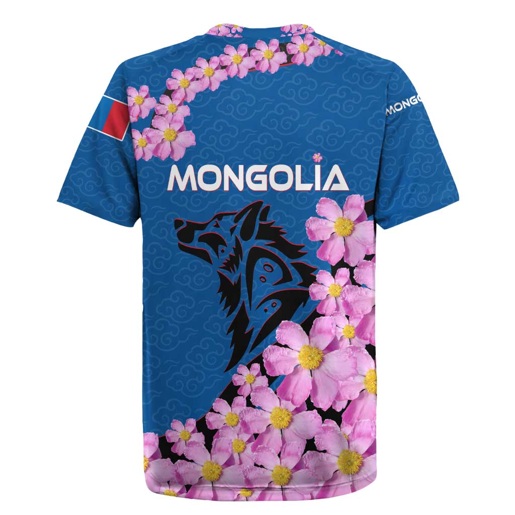 Mongolia Rugby Jersey with Floral Wolf Pink Blossom Blue Sky Spirit