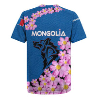 Mongolia Rugby Jersey with Floral Wolf Pink Blossom Blue Sky Spirit