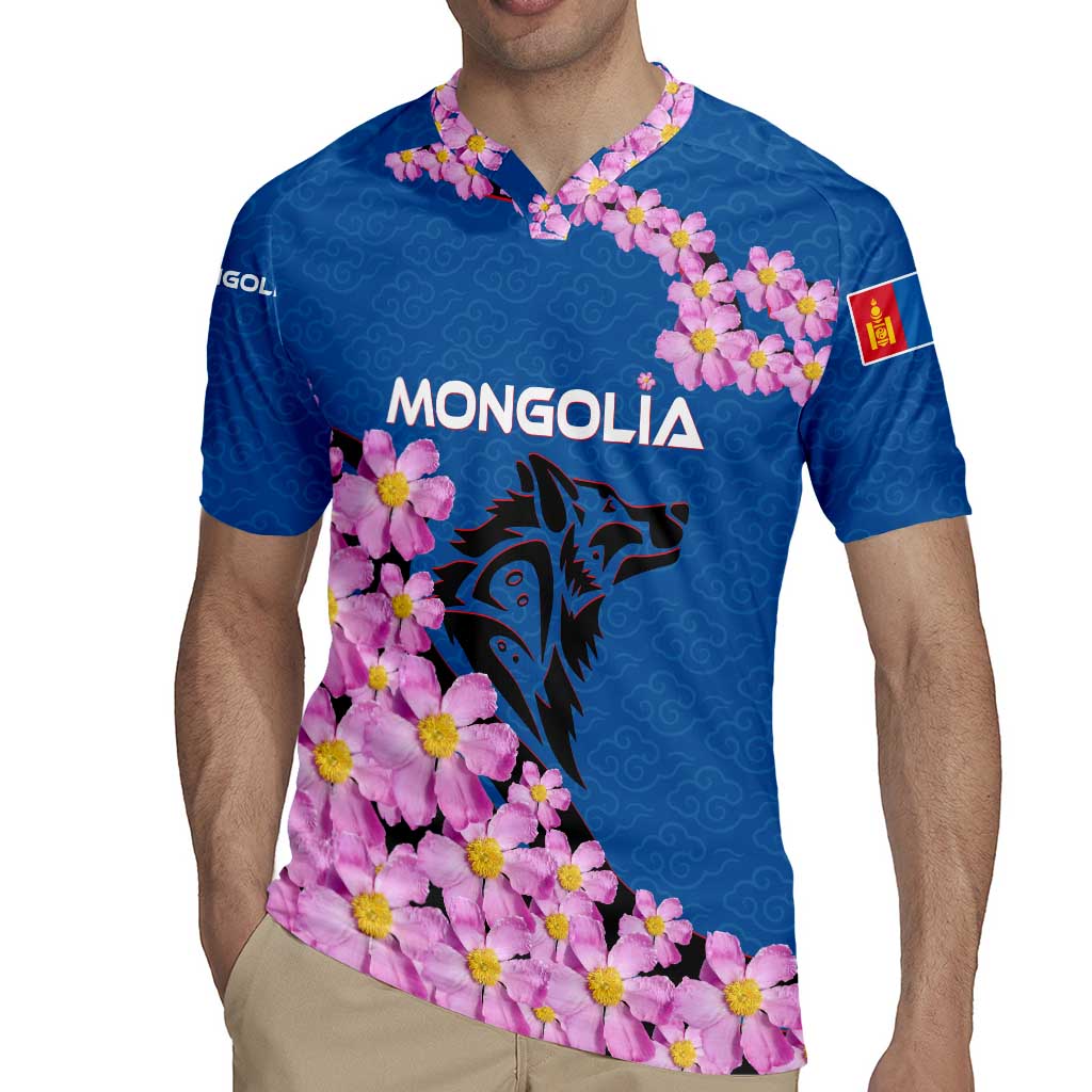 Mongolia Rugby Jersey with Floral Wolf Pink Blossom Blue Sky Spirit