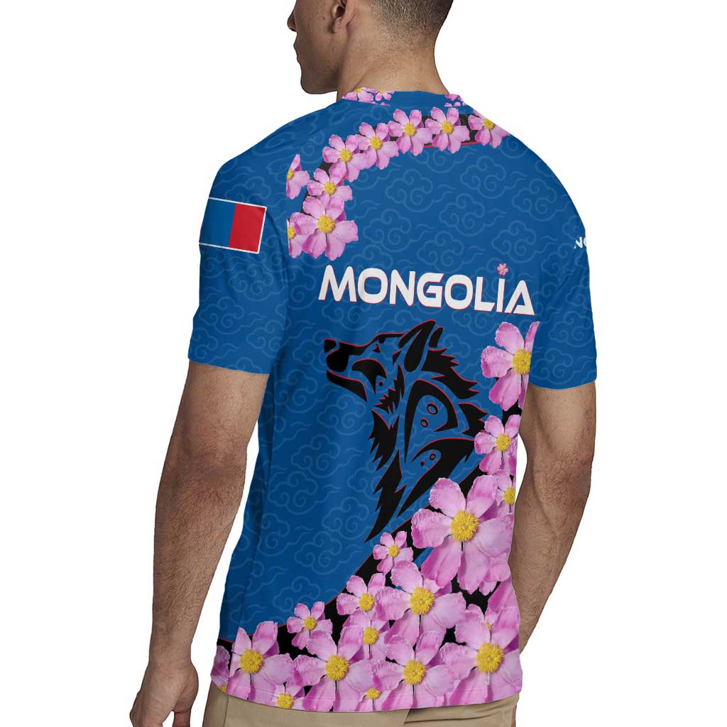 Mongolia Rugby Jersey with Floral Wolf Pink Blossom Blue Sky Spirit