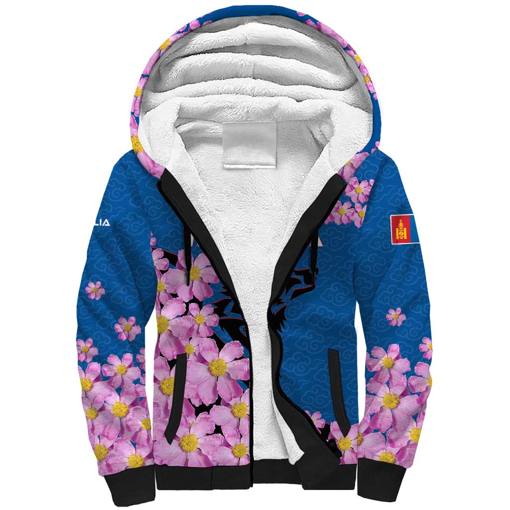 Mongolia Sherpa Hoodie with Floral Wolf Pink Blossom Blue Sky Spirit