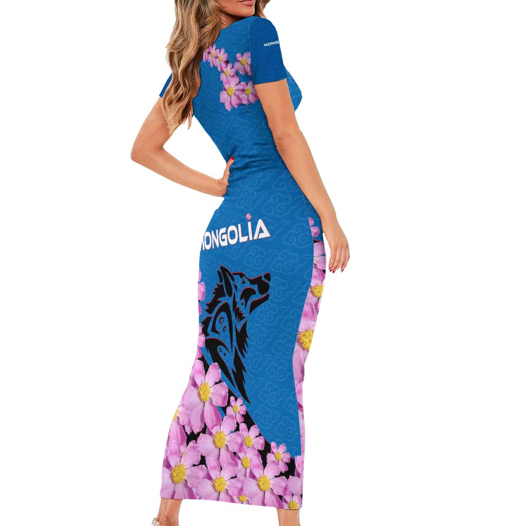 Mongolia Short Sleeve Bodycon Dress with Floral Wolf Pink Blossom Blue Sky Spirit