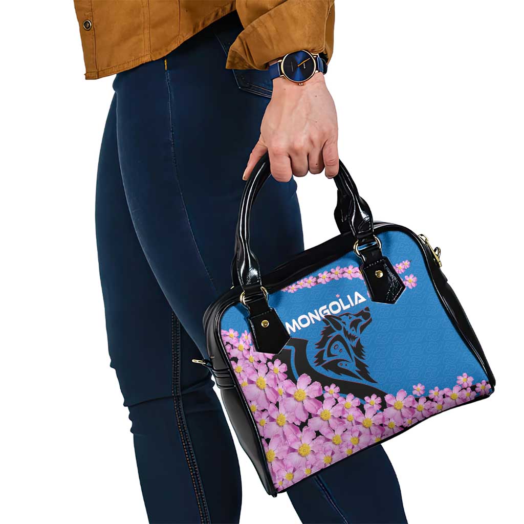 Mongolia Shoulder Handbag with Floral Wolf Pink Blossom Blue Sky Spirit