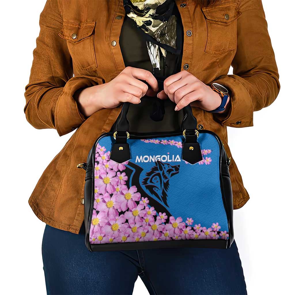 Mongolia Shoulder Handbag with Floral Wolf Pink Blossom Blue Sky Spirit