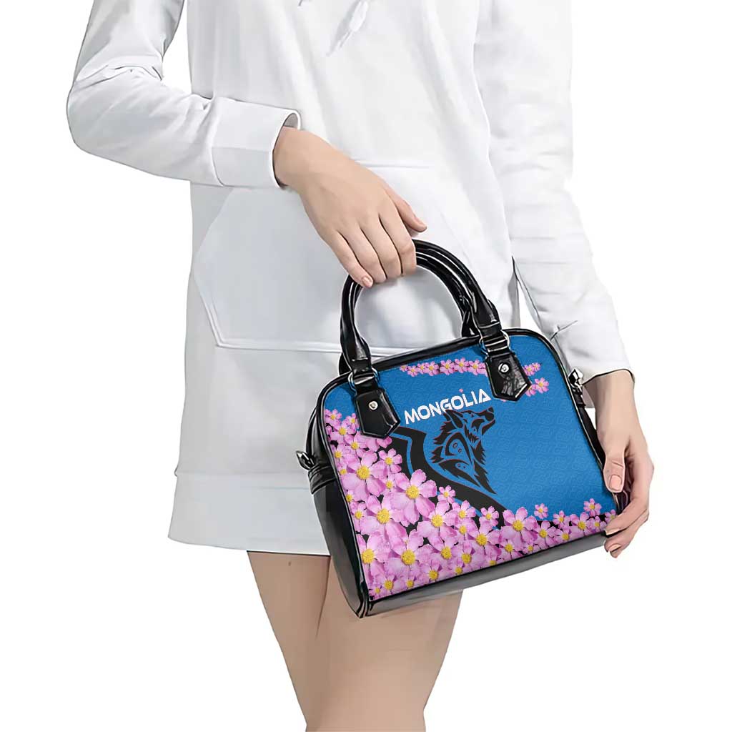 Mongolia Shoulder Handbag with Floral Wolf Pink Blossom Blue Sky Spirit