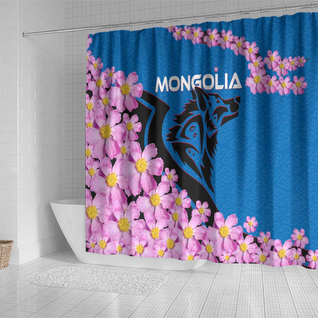 Mongolia Shower Curtain with Floral Wolf Pink Blossom Blue Sky Spirit