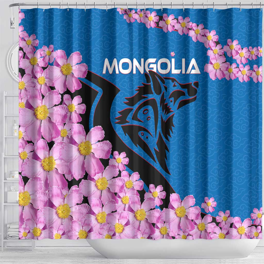 Mongolia Shower Curtain with Floral Wolf Pink Blossom Blue Sky Spirit