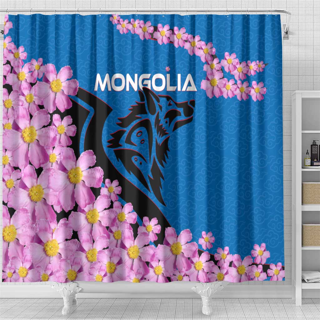 Mongolia Shower Curtain with Floral Wolf Pink Blossom Blue Sky Spirit