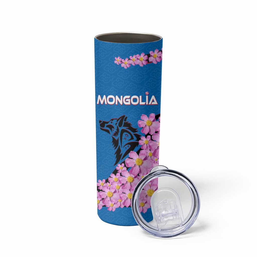 Mongolia Skinny Tumbler with Floral Wolf Pink Blossom Blue Sky Spirit