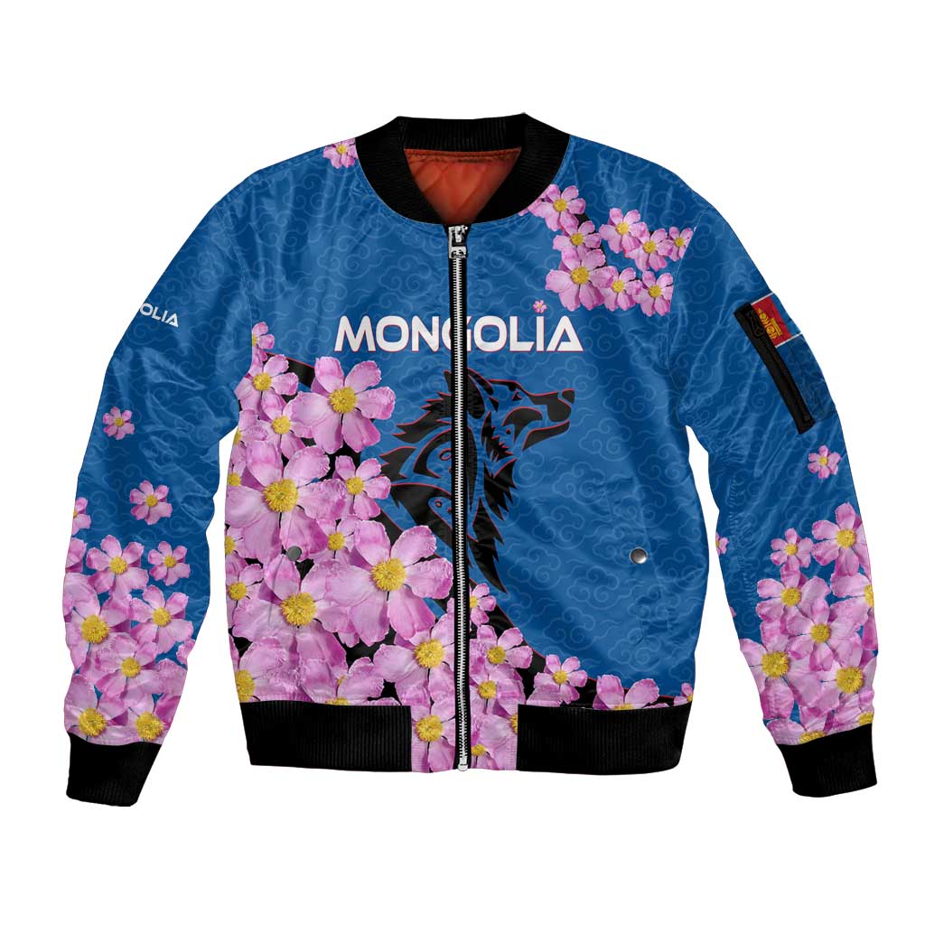 Mongolia Sleeve Zip Bomber Jacket with Floral Wolf Pink Blossom Blue Sky Spirit