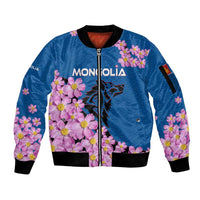 Mongolia Sleeve Zip Bomber Jacket with Floral Wolf Pink Blossom Blue Sky Spirit