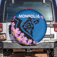 Mongolia Spare Tire Cover with Floral Wolf Pink Blossom Blue Sky Spirit