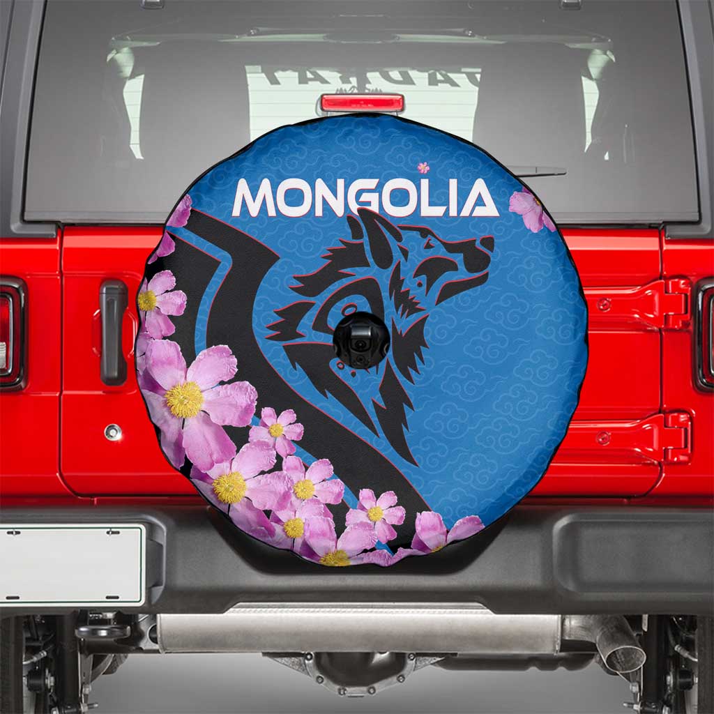Mongolia Spare Tire Cover with Floral Wolf Pink Blossom Blue Sky Spirit
