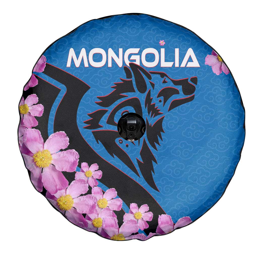 Mongolia Spare Tire Cover with Floral Wolf Pink Blossom Blue Sky Spirit