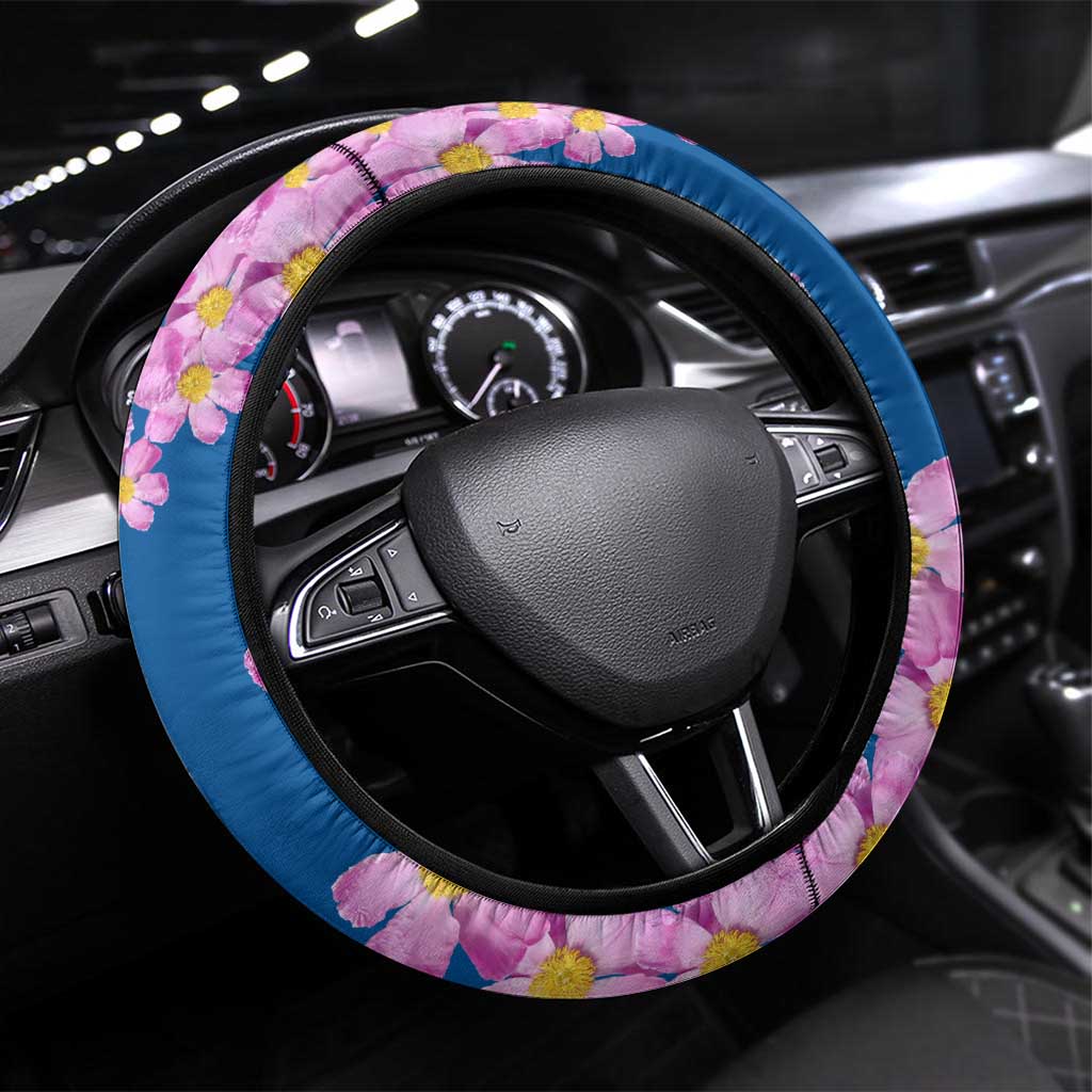 Mongolia Steering Wheel Cover with Floral Wolf Pink Blossom Blue Sky Spirit