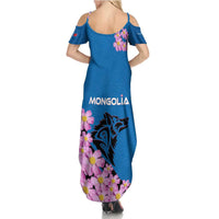 Mongolia Summer Maxi Dress with Floral Wolf Pink Blossom Blue Sky Spirit