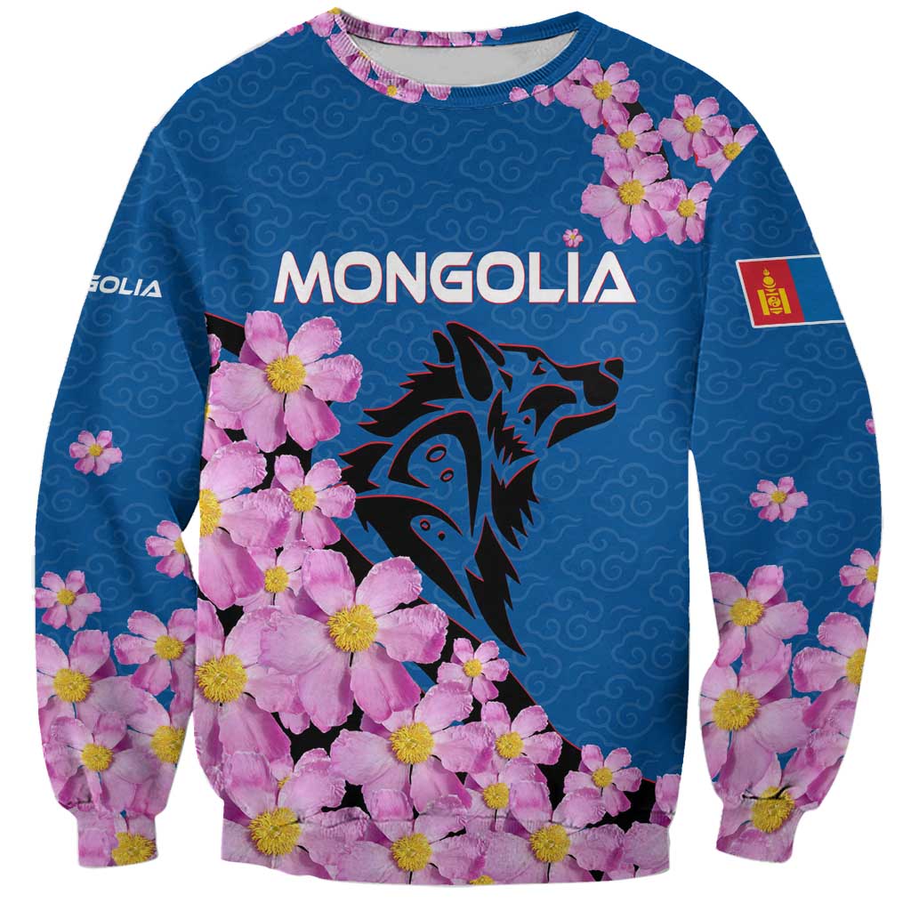 Mongolia Sweatshirt with Floral Wolf Pink Blossom Blue Sky Spirit