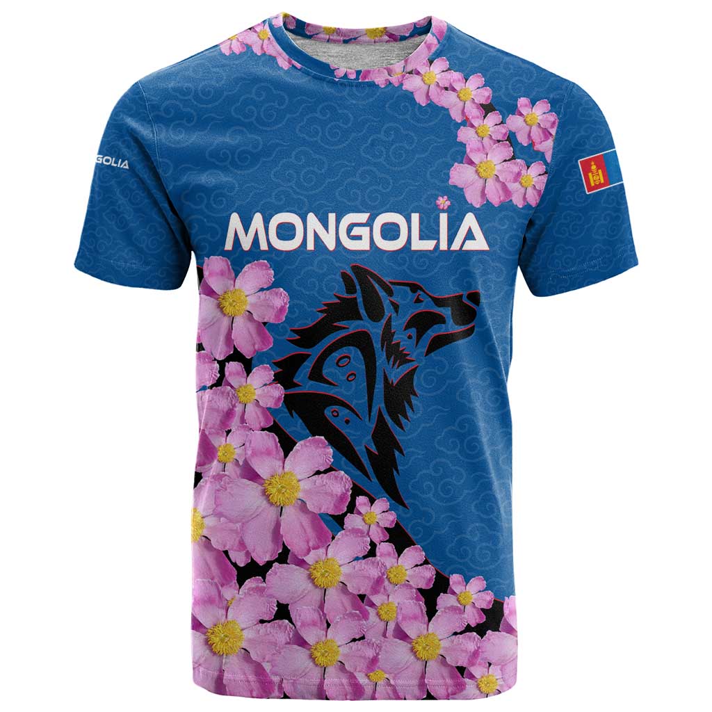 Mongolia T Shirt with Floral Wolf Pink Blossom Blue Sky Spirit
