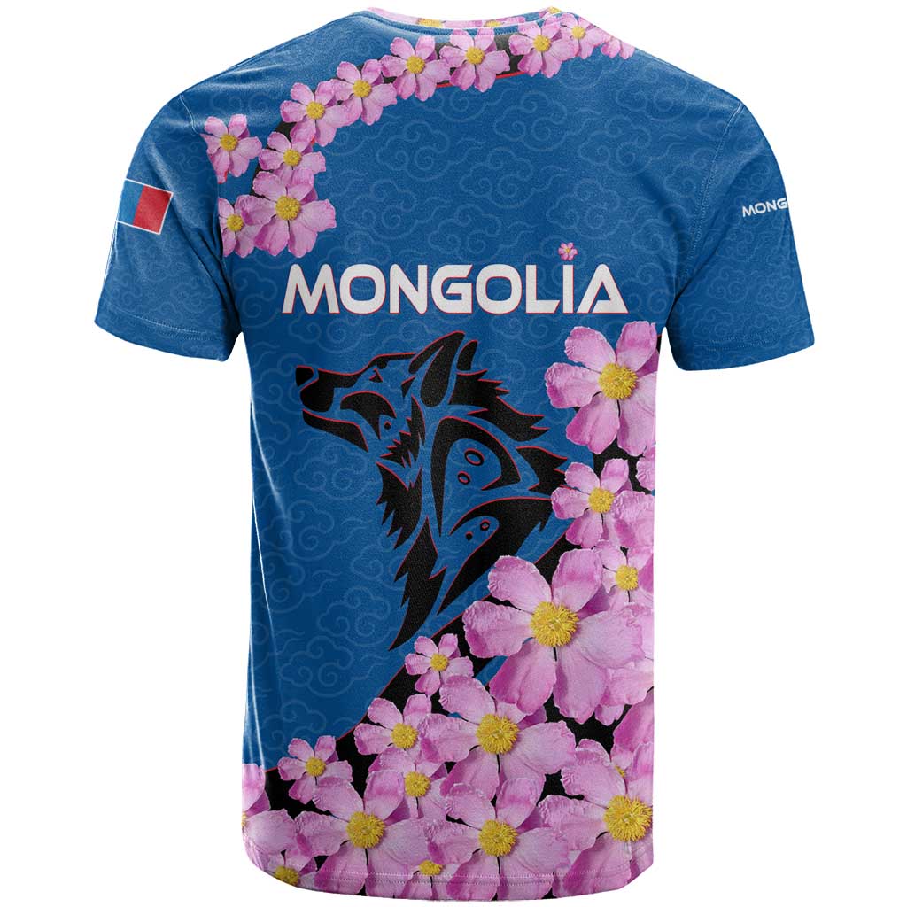 Mongolia T Shirt with Floral Wolf Pink Blossom Blue Sky Spirit