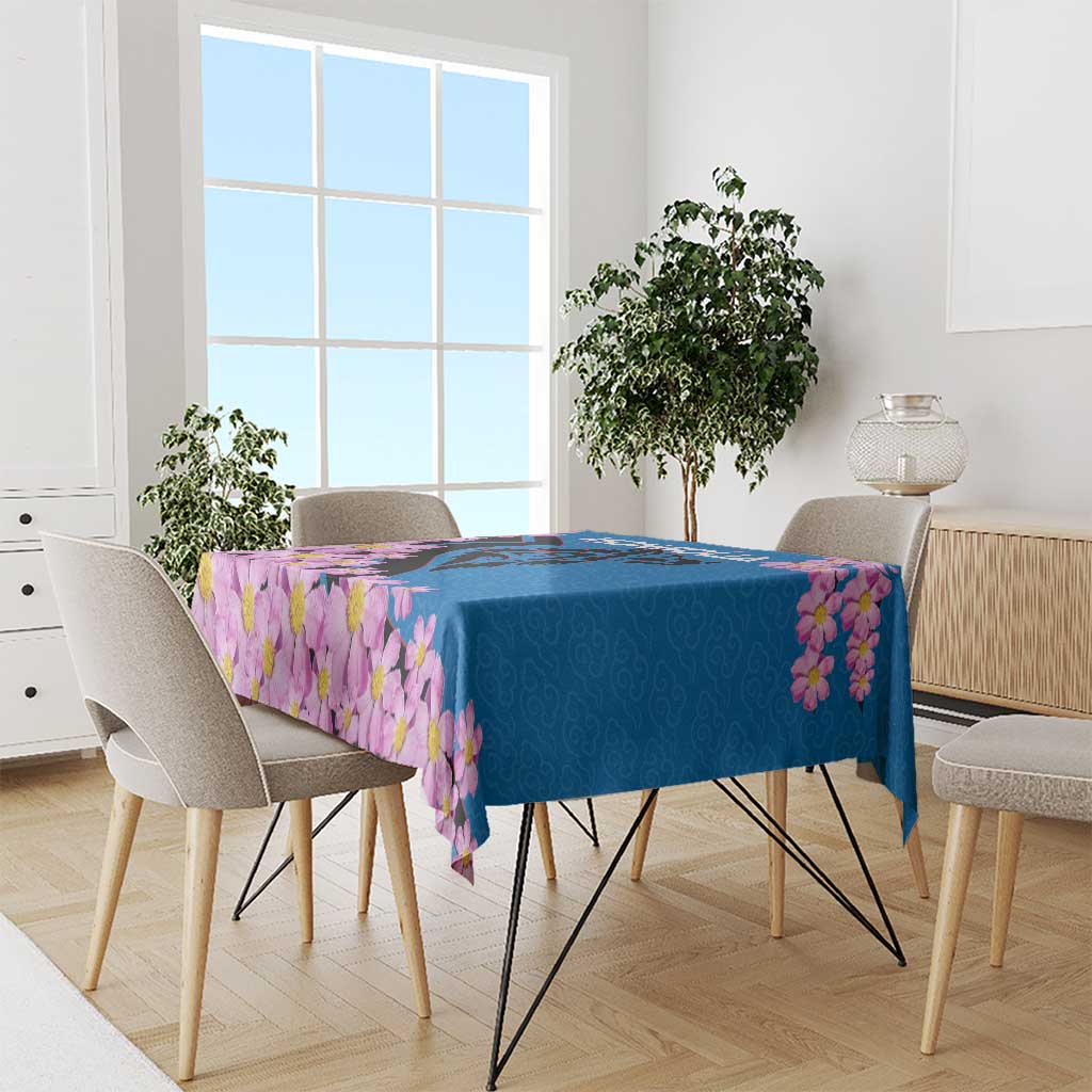 Mongolia Tablecloth with Floral Wolf Pink Blossom Blue Sky Spirit