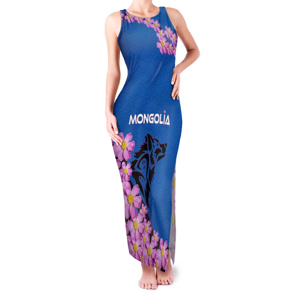 Mongolia Tank Maxi Dress with Floral Wolf Pink Blossom Blue Sky Spirit