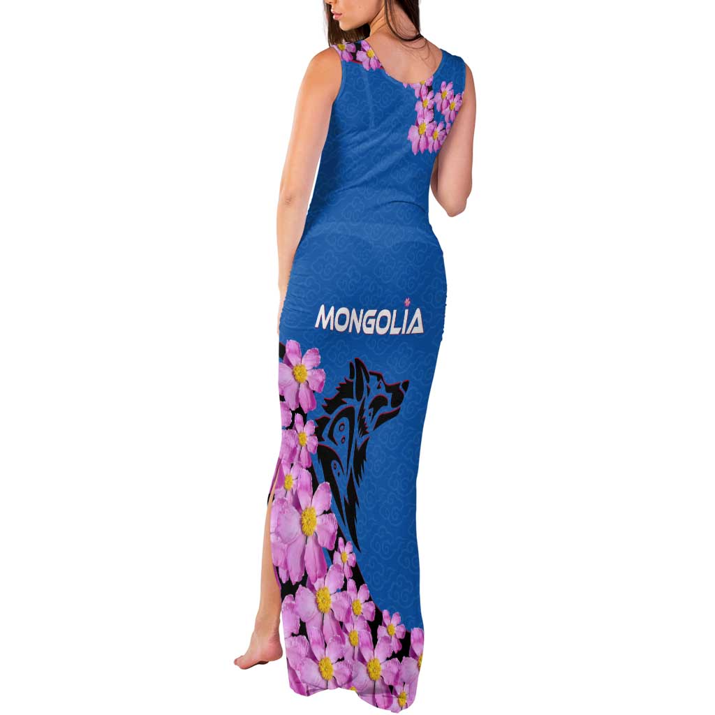 Mongolia Tank Maxi Dress with Floral Wolf Pink Blossom Blue Sky Spirit