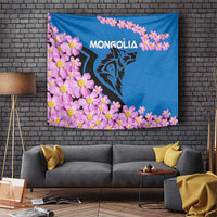 Mongolia Tapestry with Floral Wolf Pink Blossom Blue Sky Spirit