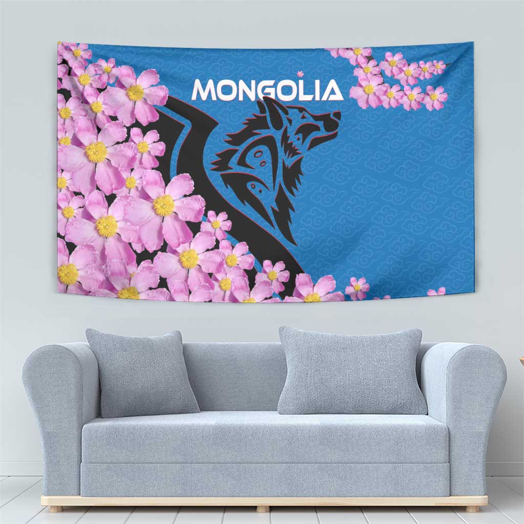 Mongolia Tapestry with Floral Wolf Pink Blossom Blue Sky Spirit