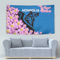 Mongolia Tapestry with Floral Wolf Pink Blossom Blue Sky Spirit