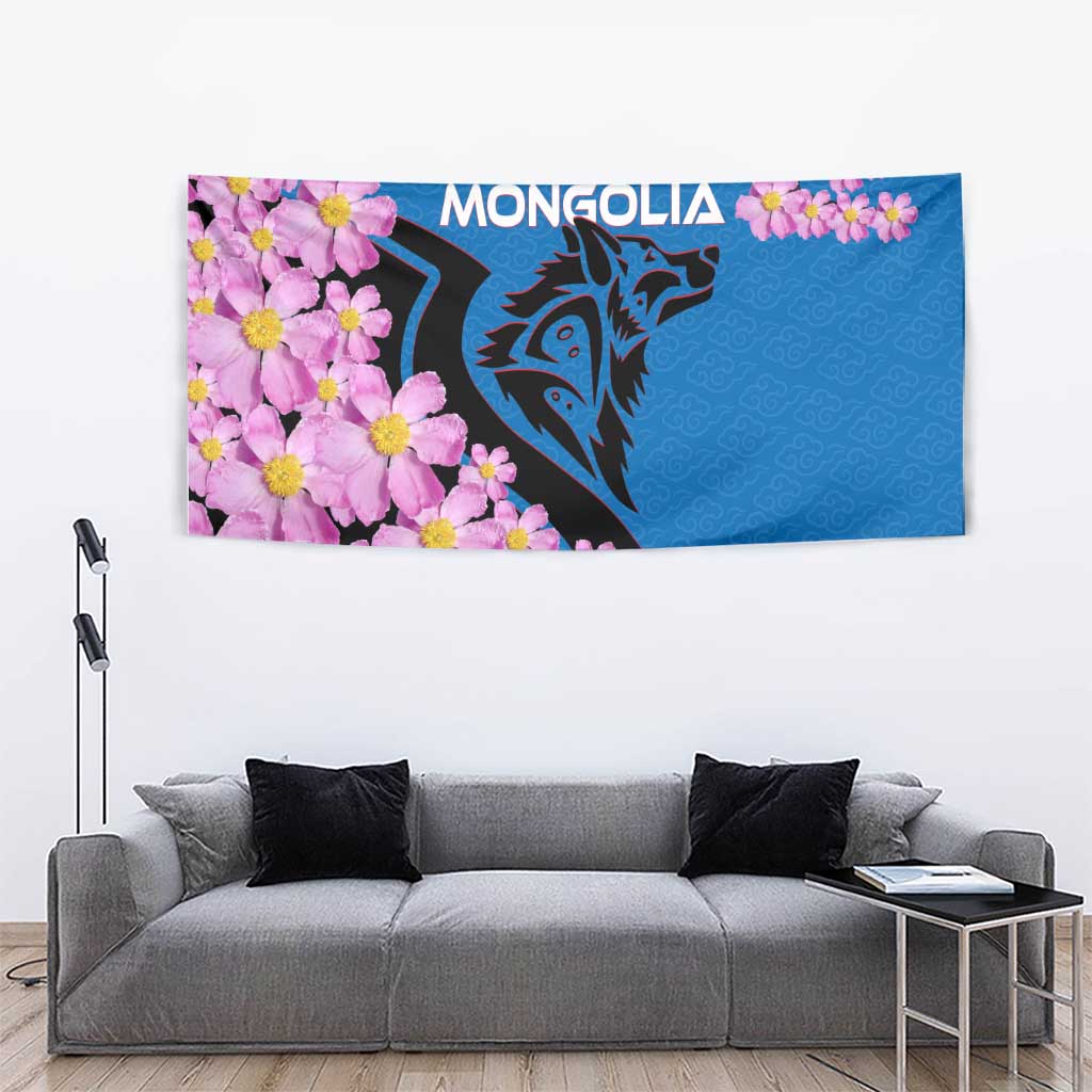Mongolia Tapestry with Floral Wolf Pink Blossom Blue Sky Spirit